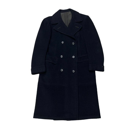 1930s Dark navy blue double breasted wool belt back long coat (L)