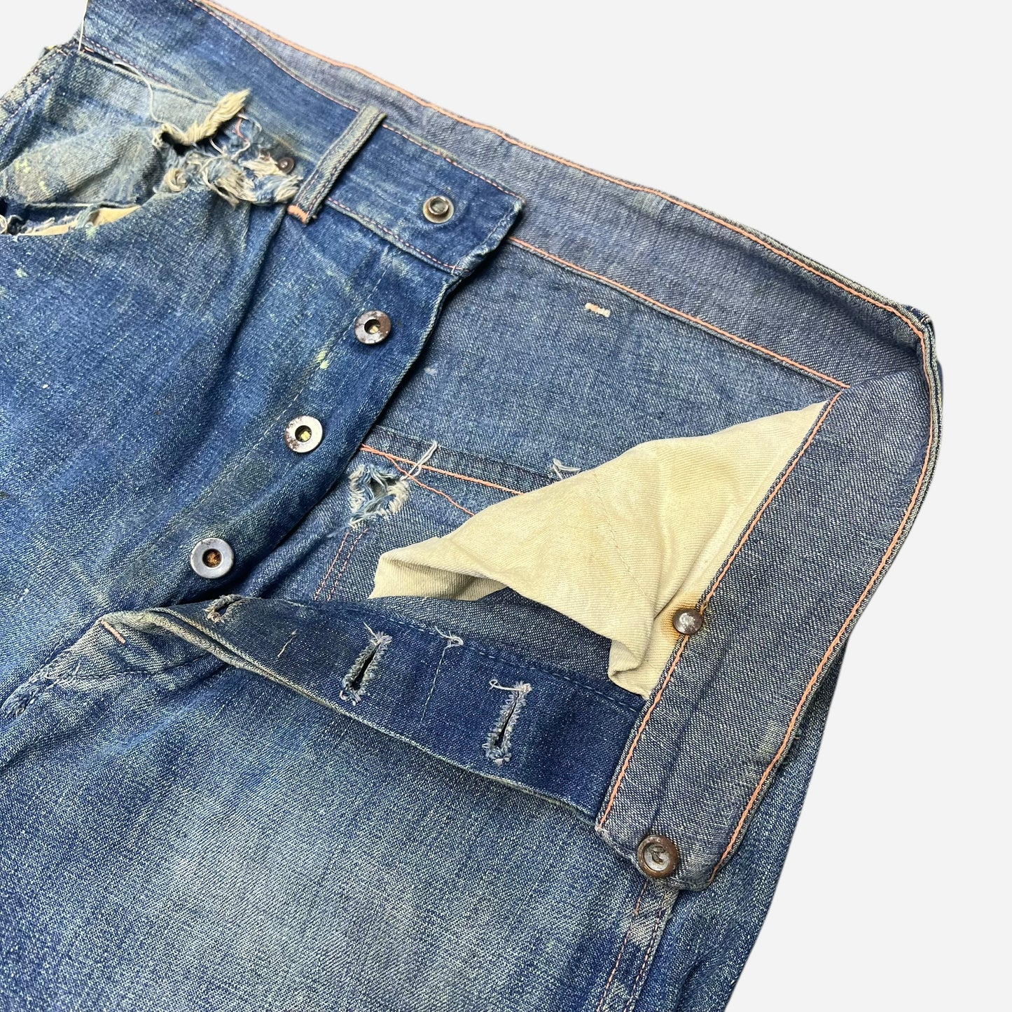 1930s 1940s Unbranded donut button fly denim painter jeans (29w)
