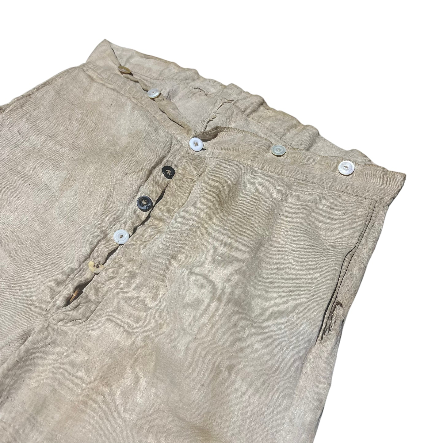 1870s-1880s Linen cinch back button fly work pants (38w)