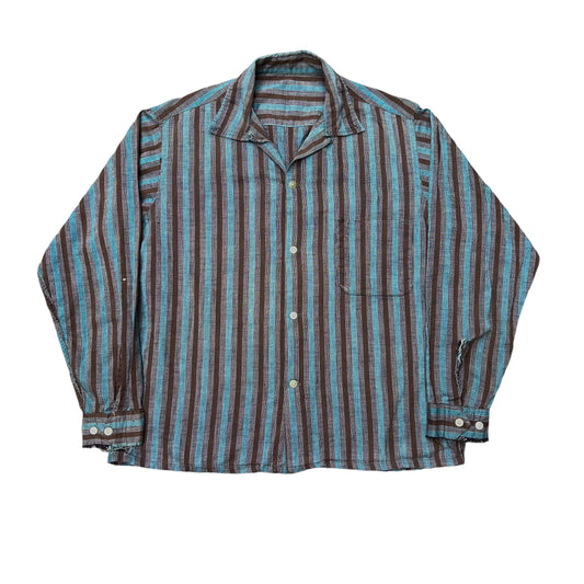 1950s Blue & brown striped cotton loop collar shirt (S/M)