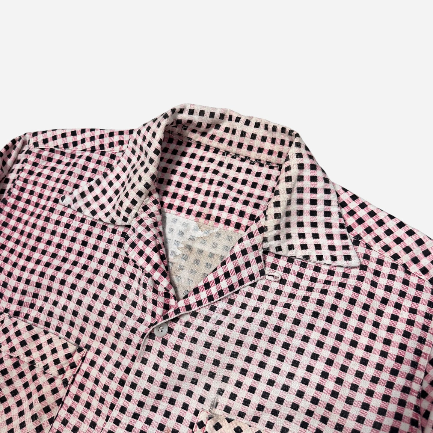 1950s Pilgrim pink & black pattern cotton flannel loop collar shirt (L)