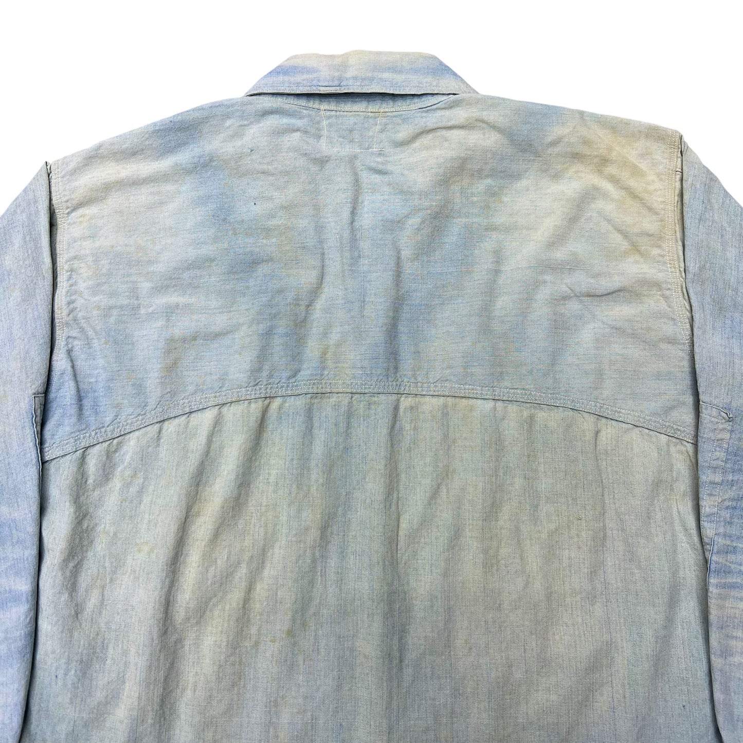 1920s Unknown brand sun faded chinstrap chambray work shirt (L)