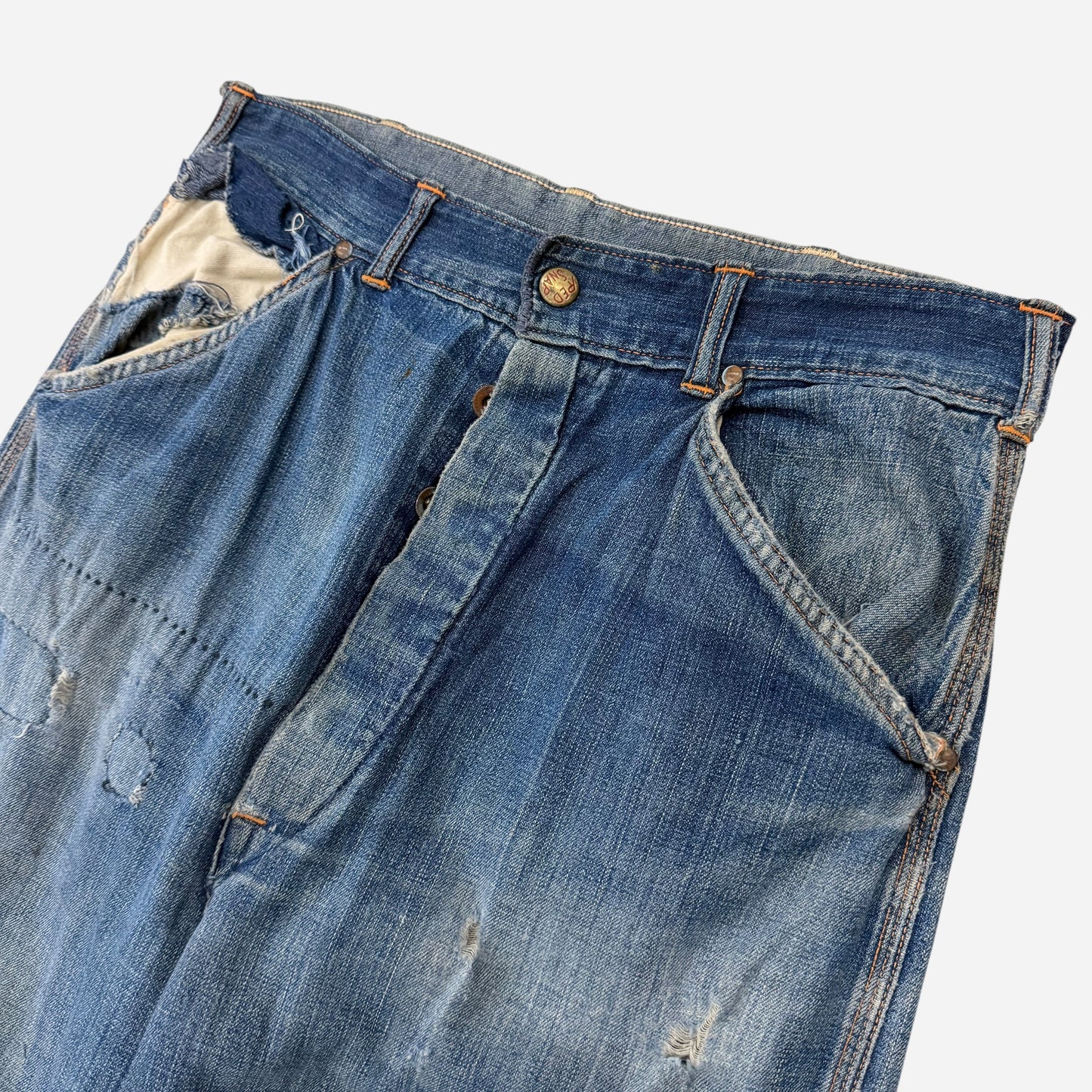 1940s “Red Snap” donut button fly repaired carpenter jeans (29w)