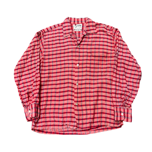 1950s Rayon red plaid loop collar shirt (S)