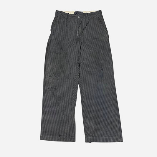 1930s Cone Homeric striped salt and pepper cotton double button fly work pants (31w)
