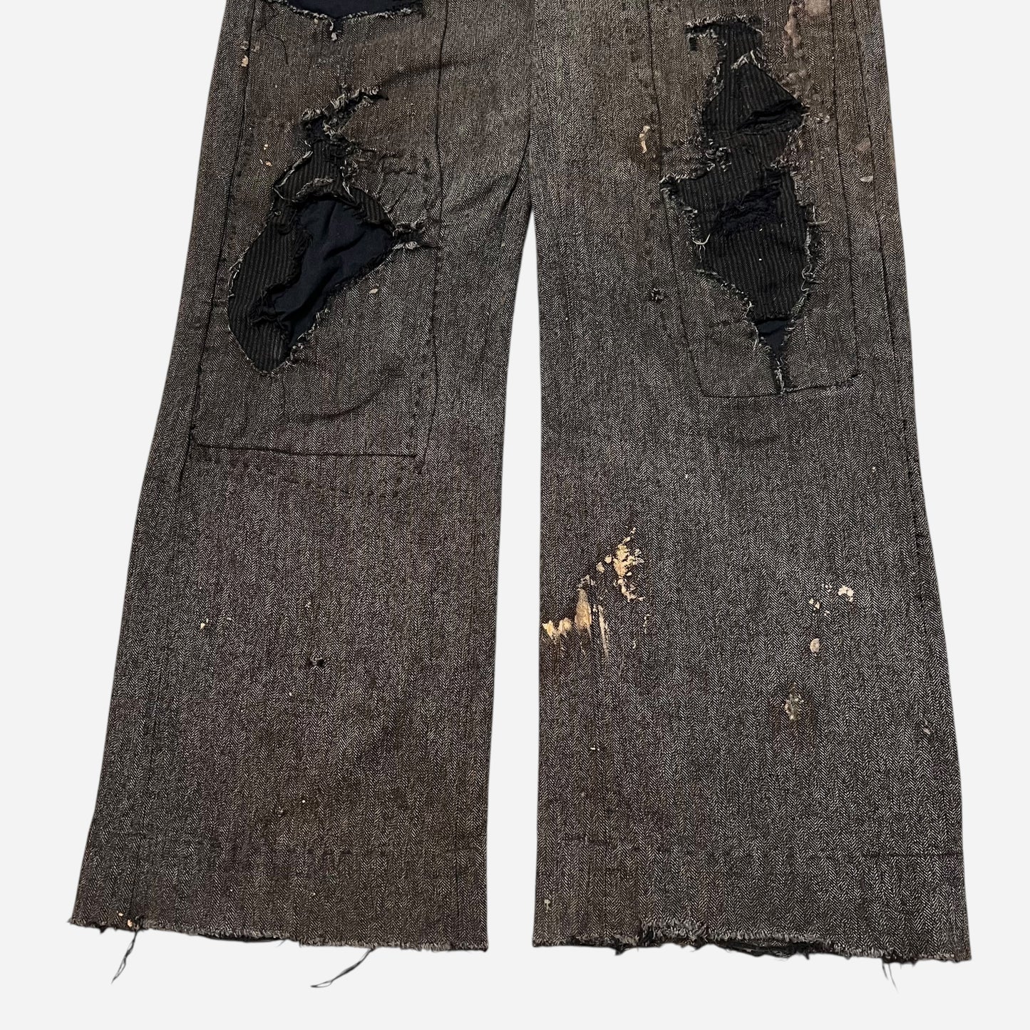 1930s Salt & pepper cotton hbt heavily repaired button fly work pants (30w)