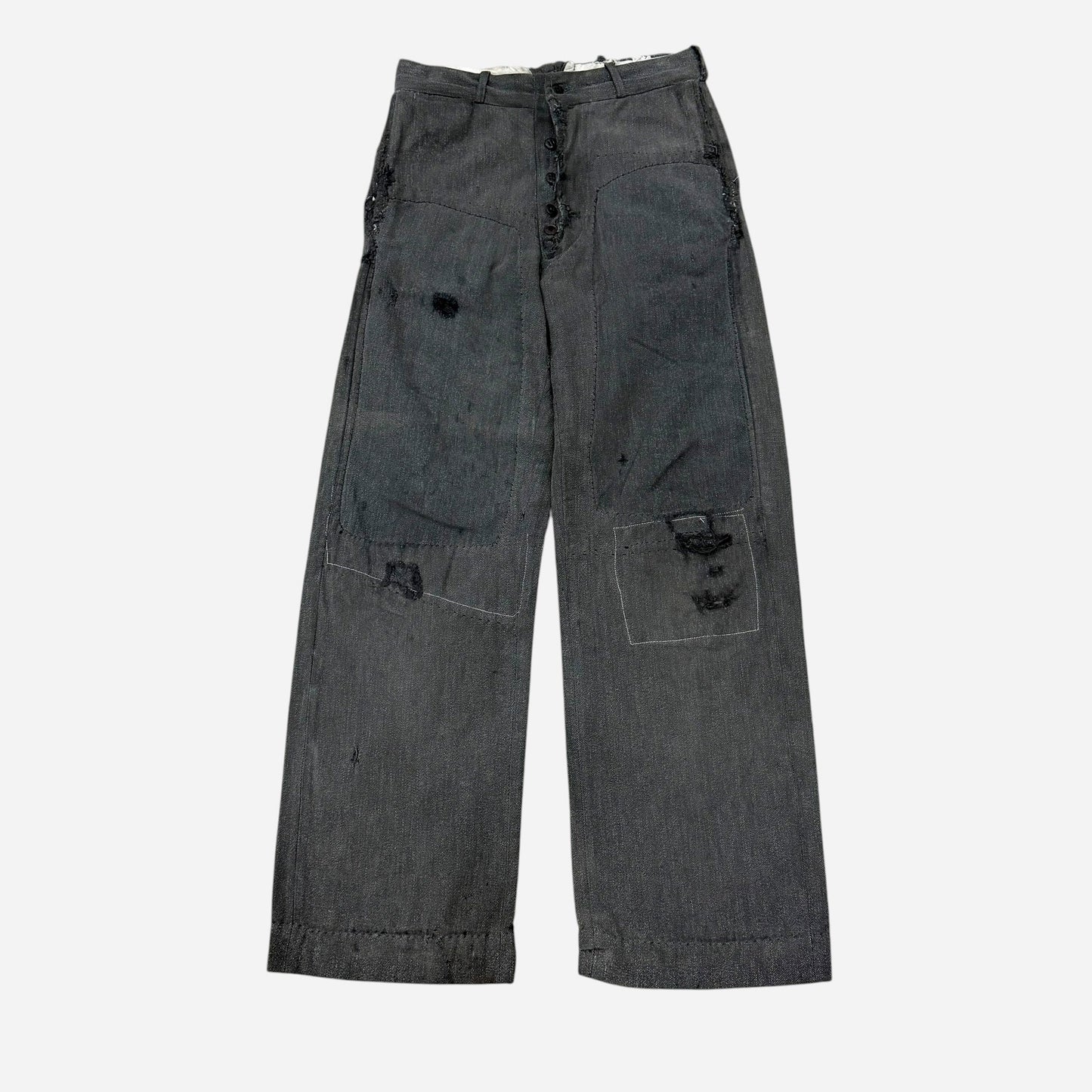 1940s Heavily repaired button fly salt & pepper cotton work pants (29w)