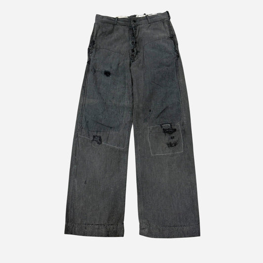 1940s Heavily repaired button fly salt & pepper cotton work pants (29w)