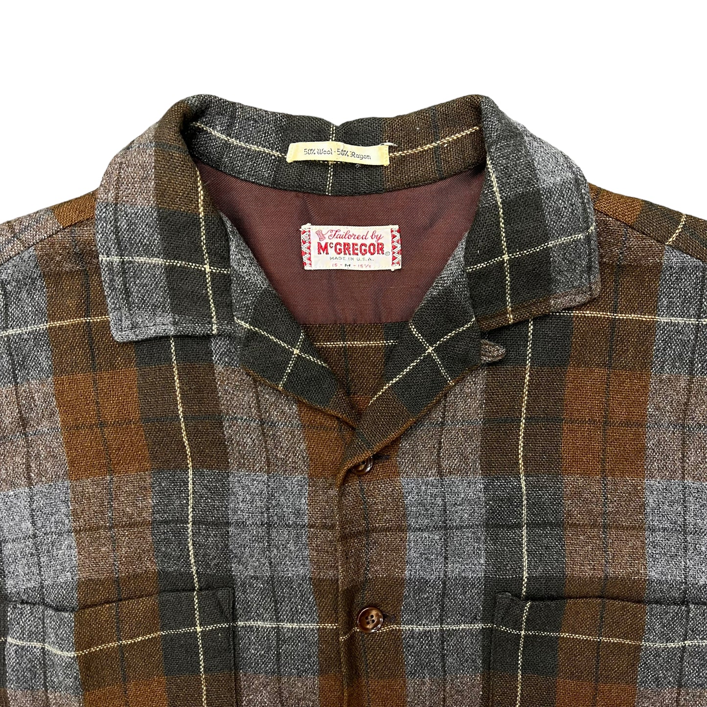 1960s McGregor brown plaid loop collar shirt wool rayon blend (M)