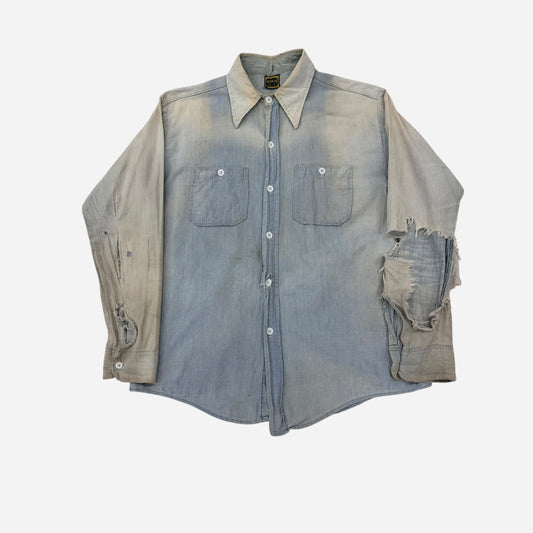 1960s Dee Cee sun faded farmer worn chambray work shirt (M)
