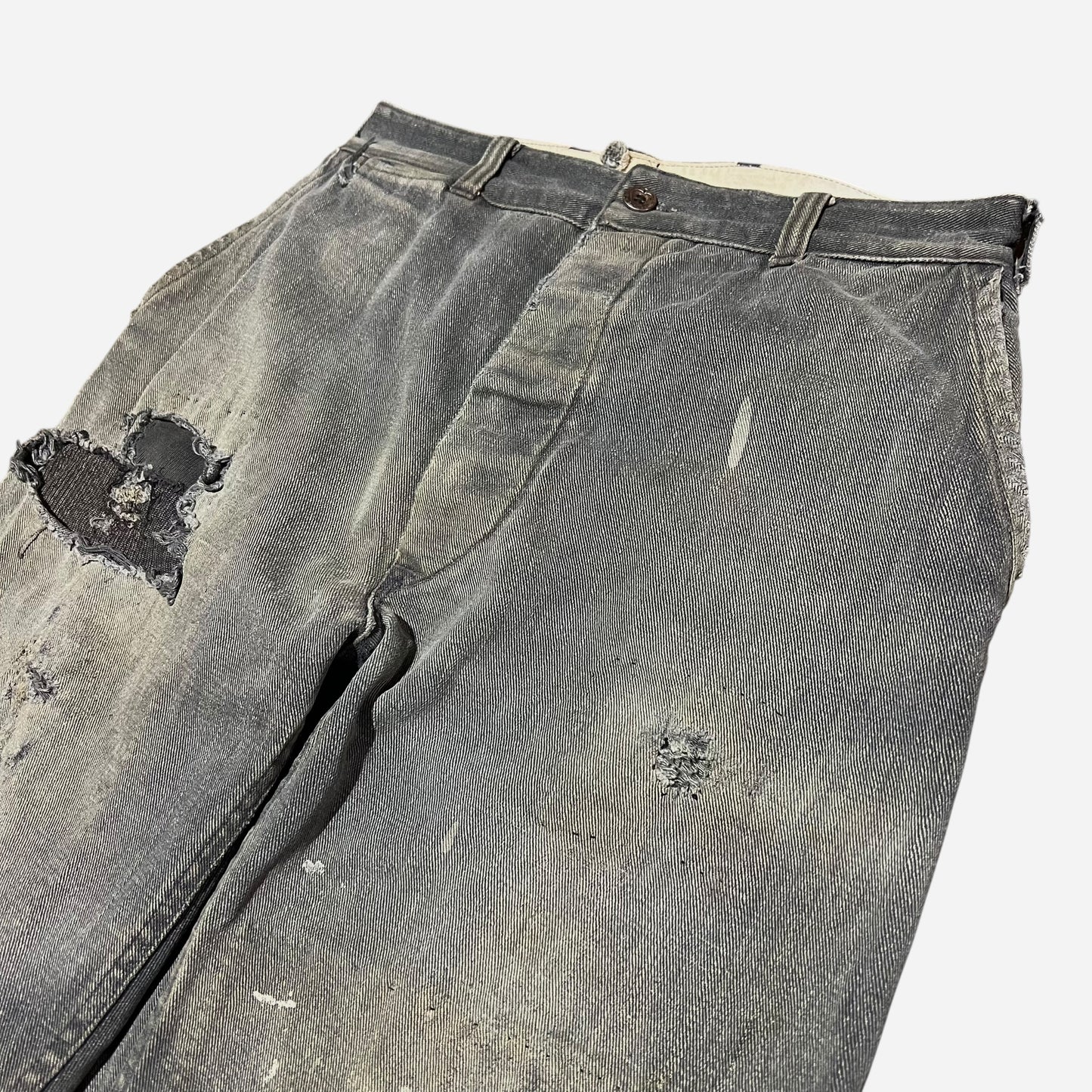 1940s Sweet Orr Ace button black sun faded denim/twill cotton repaired pants (30w)