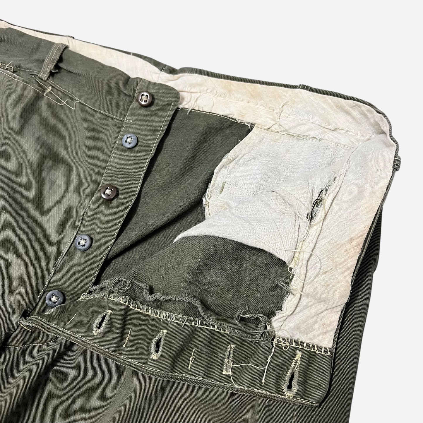 1940s Sturdy cotton green button fly work pants (34w)