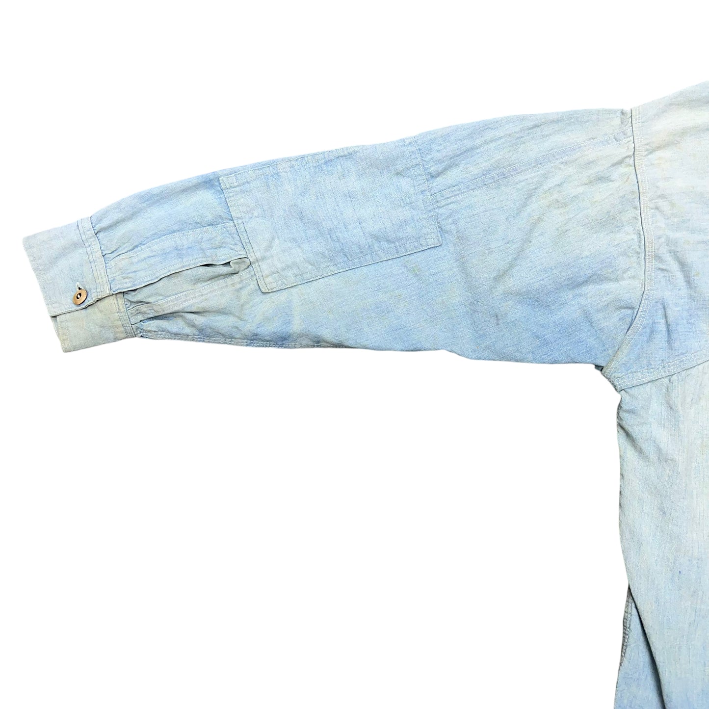 1920s Unknown brand sun faded chinstrap chambray work shirt (L)