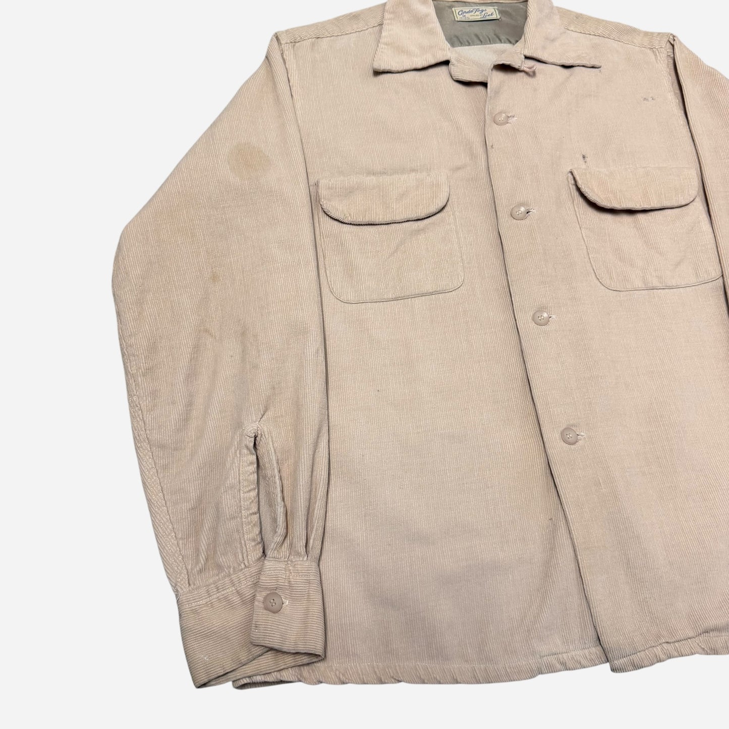 1950s Light pink/beige corduroy flap pocket loop collar shirt (M)