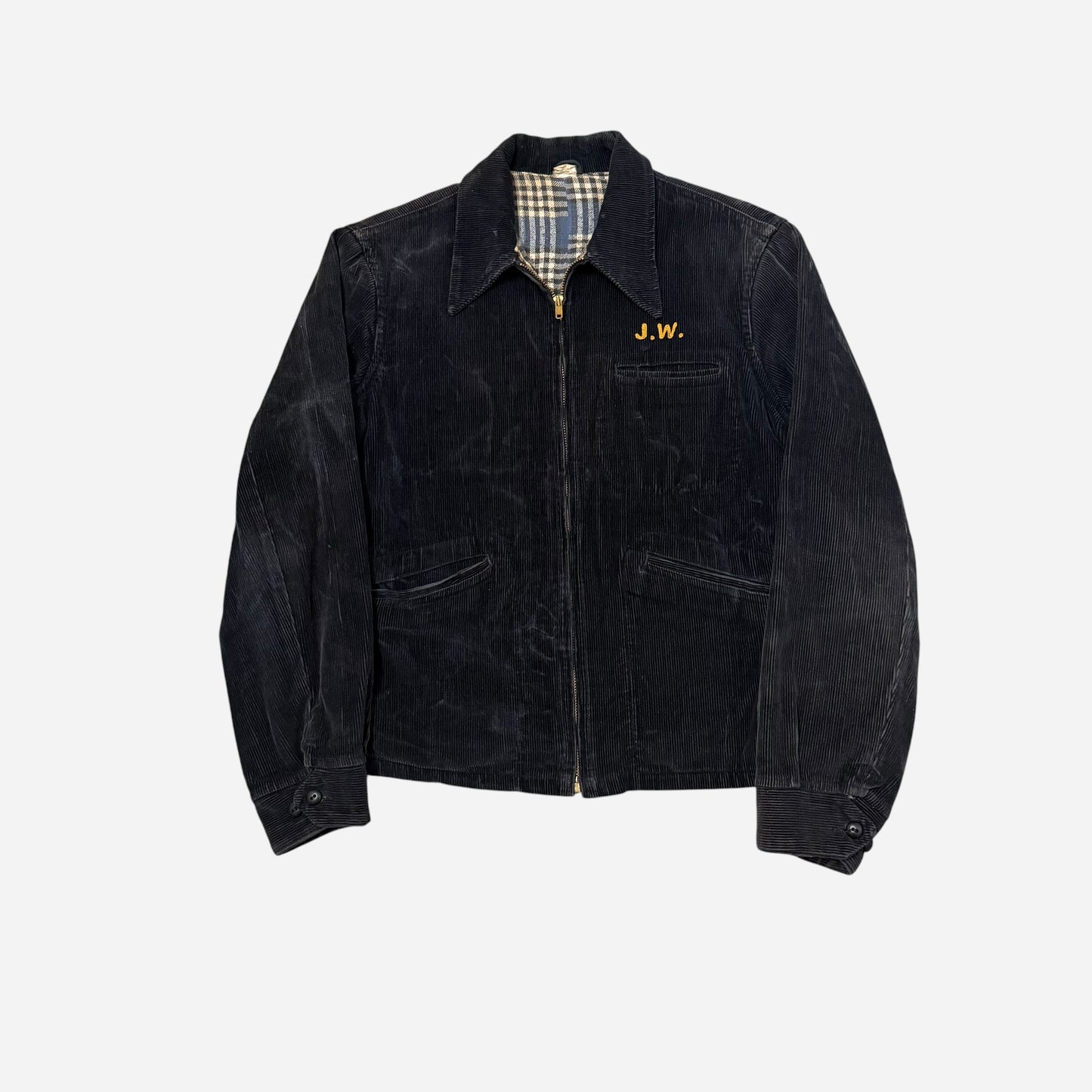 1950s Black corduroy chainstitch mechanic jacket cotton plaid liner (M/L)
