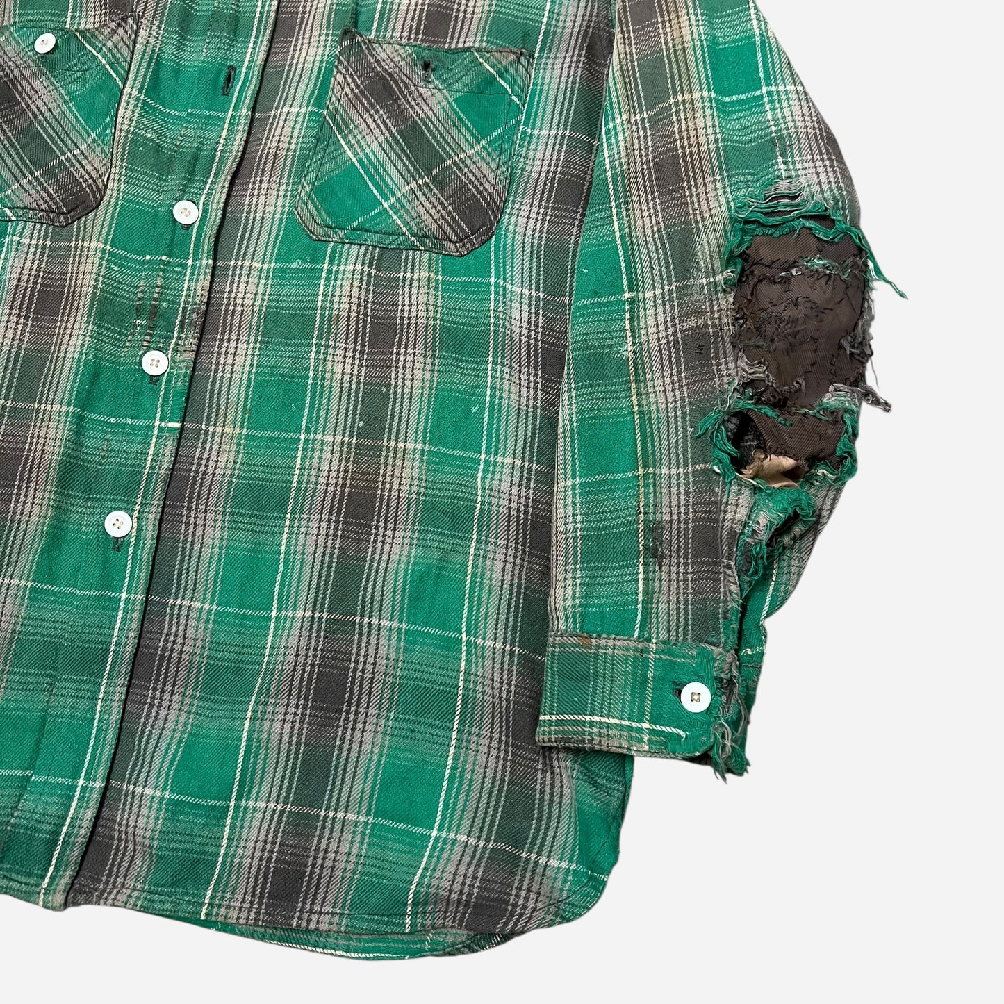 1950s Big Mac green plaid heavy woven cotton repaired flannel (L)