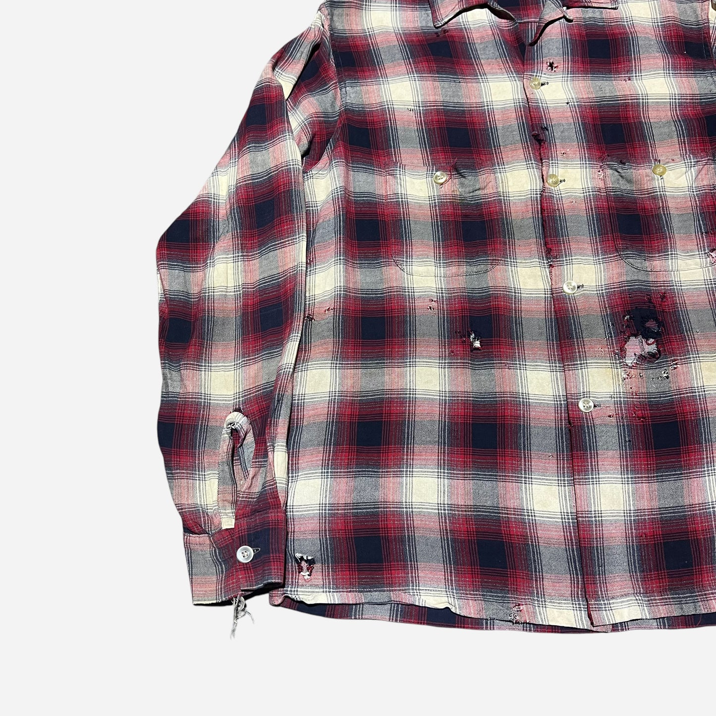 1960s Pilgrim shadow plaid red rayon loop collar shirt (M)