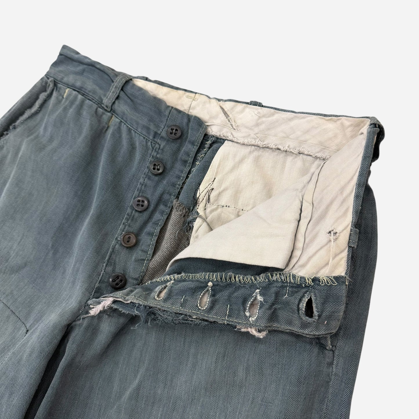 1950s Lee button fly cotton HBT green/blue repaired work pants (28w)