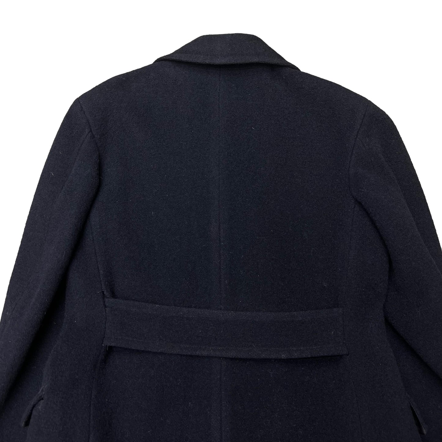 1930s Dark navy blue double breasted wool belt back long coat (L)