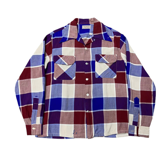 1940s Red & blue box plaid California Sportswear rayon loop collar shirt (M)