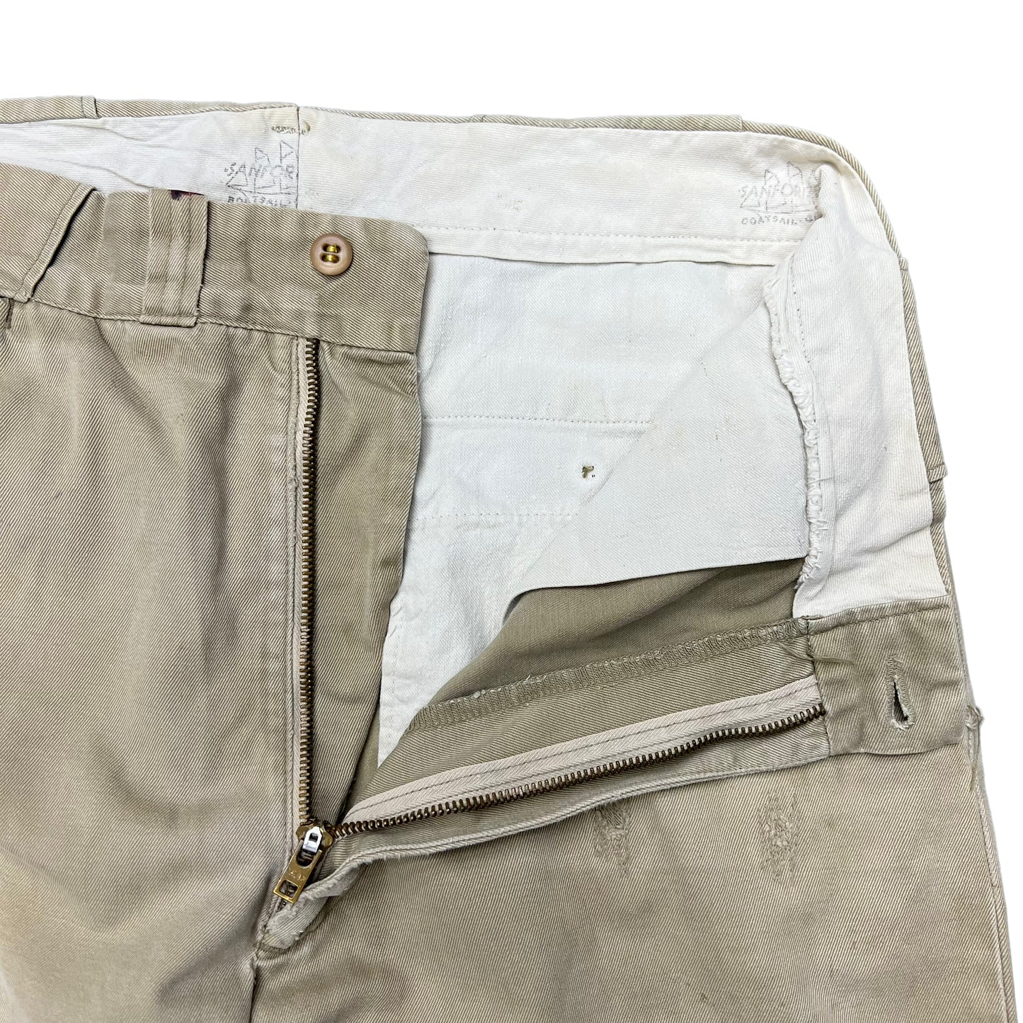 1950s Repaired khaki boat cloth army twill work pants Reeves (30w)