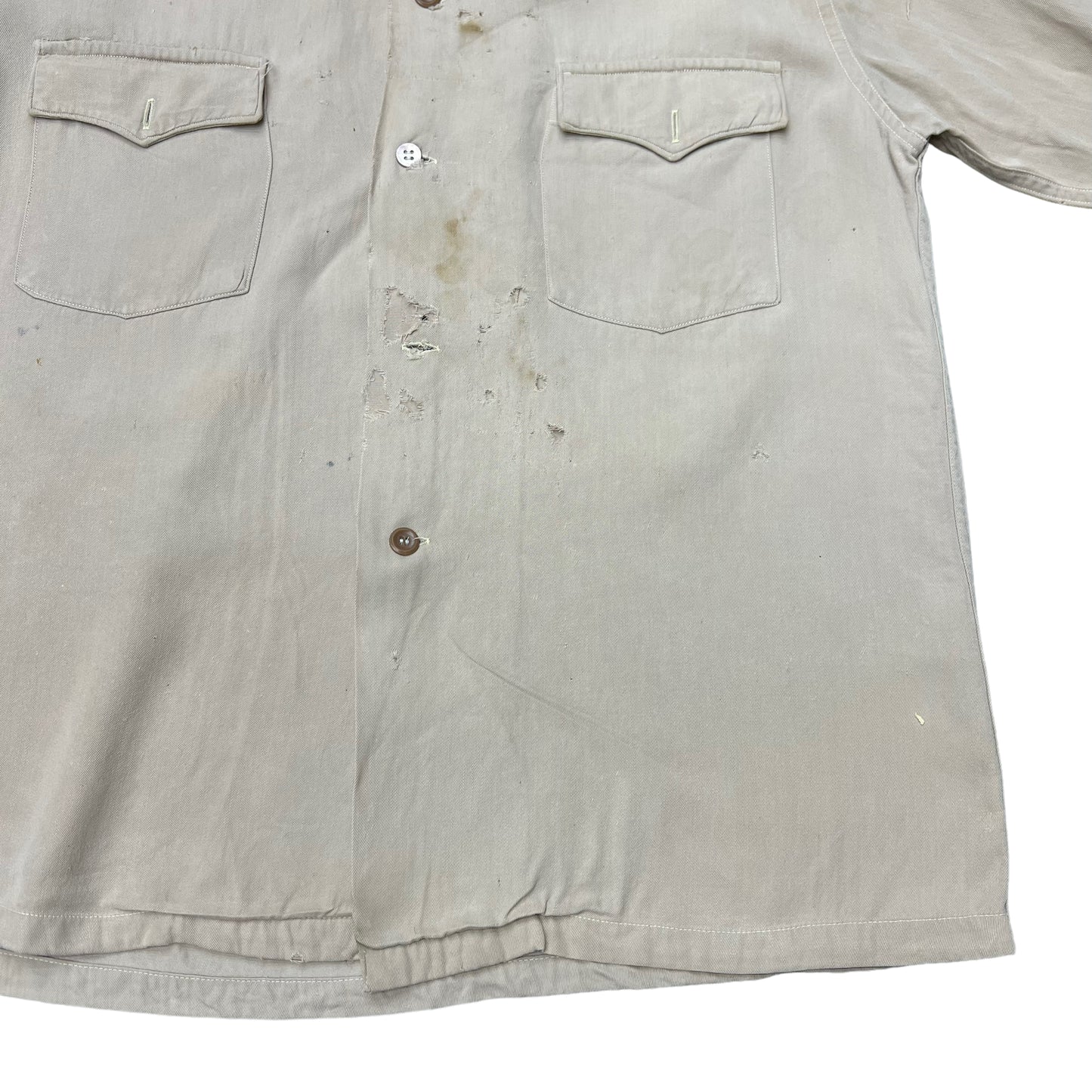 1940s Distressed beige rayon cut off shirt (M/L)