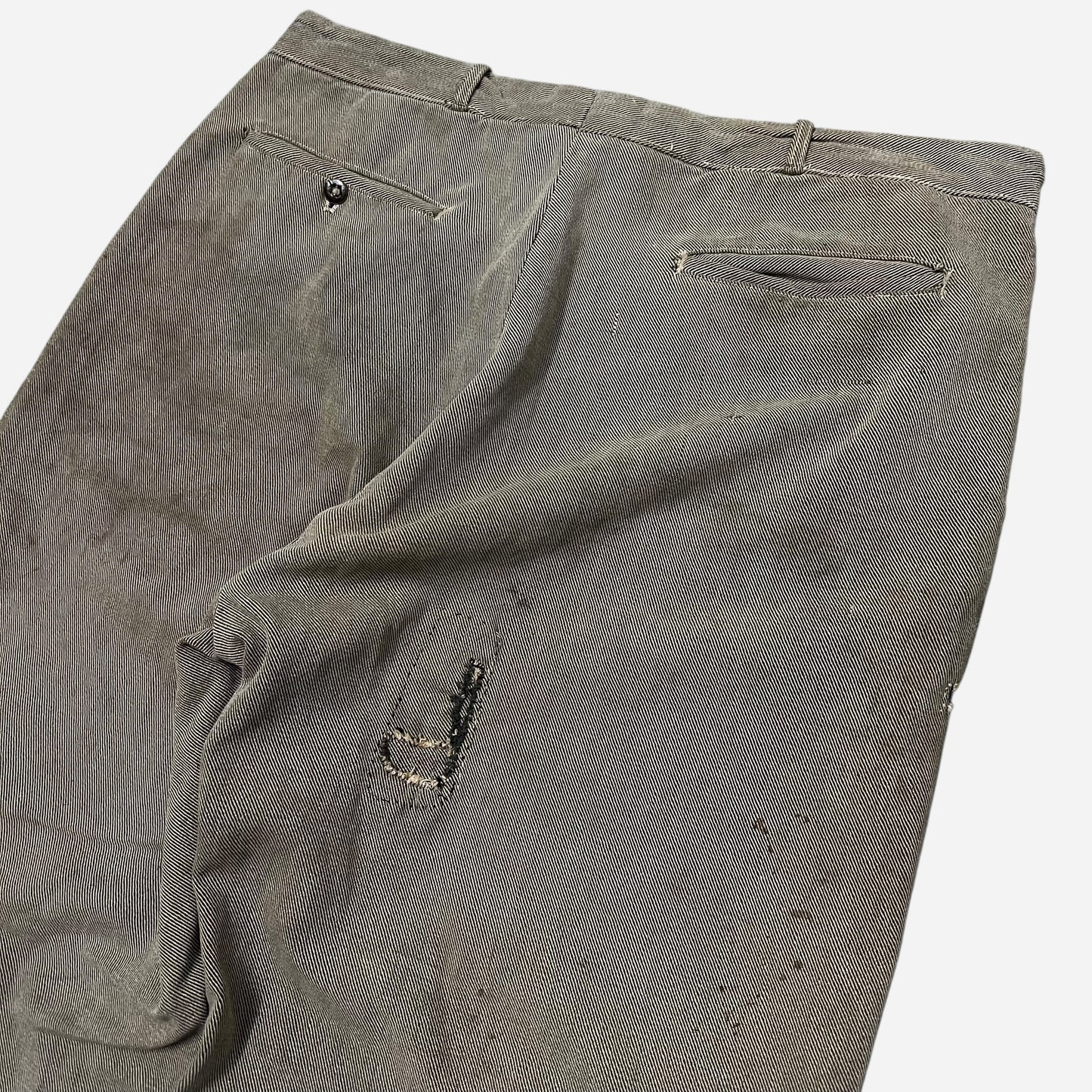 1940s Brown whipcord salt & pepper cotton button fly repaired work pants (36w)