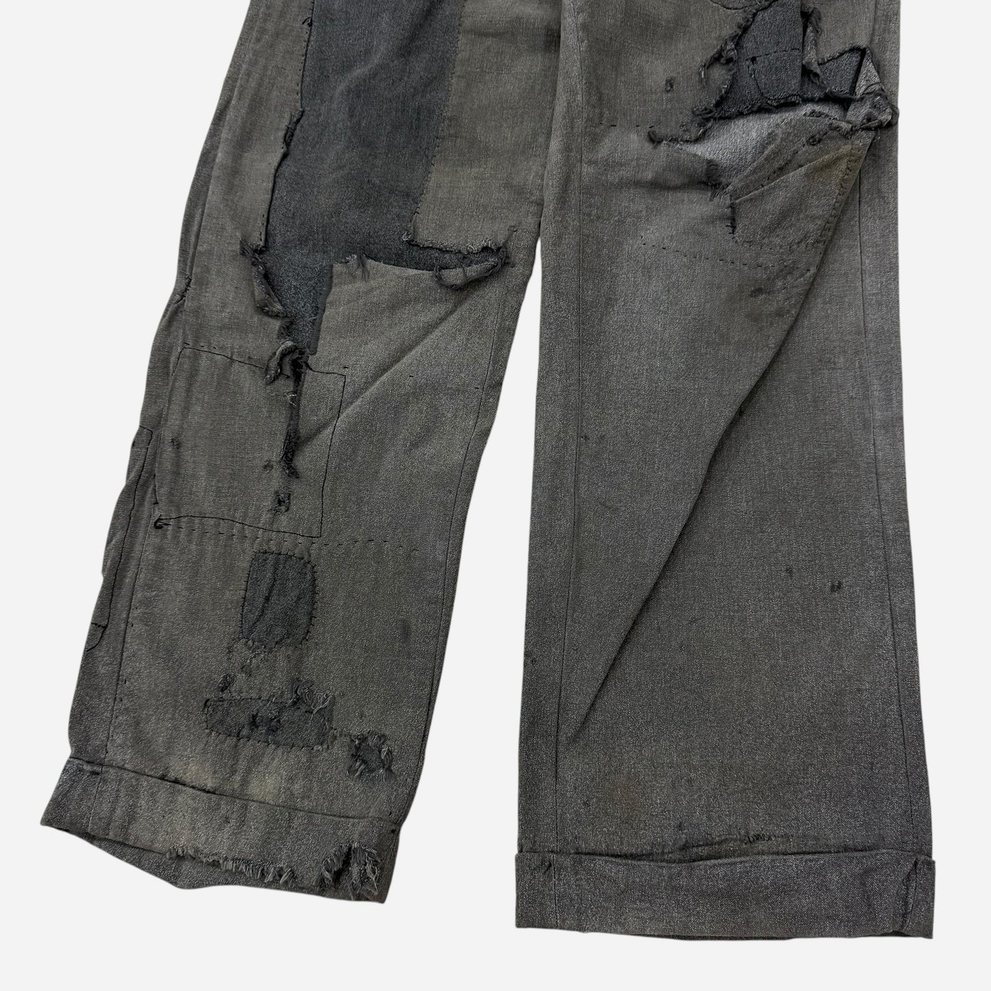 1940s Heavily repaired button fly salt & pepper cotton work pants (30w)