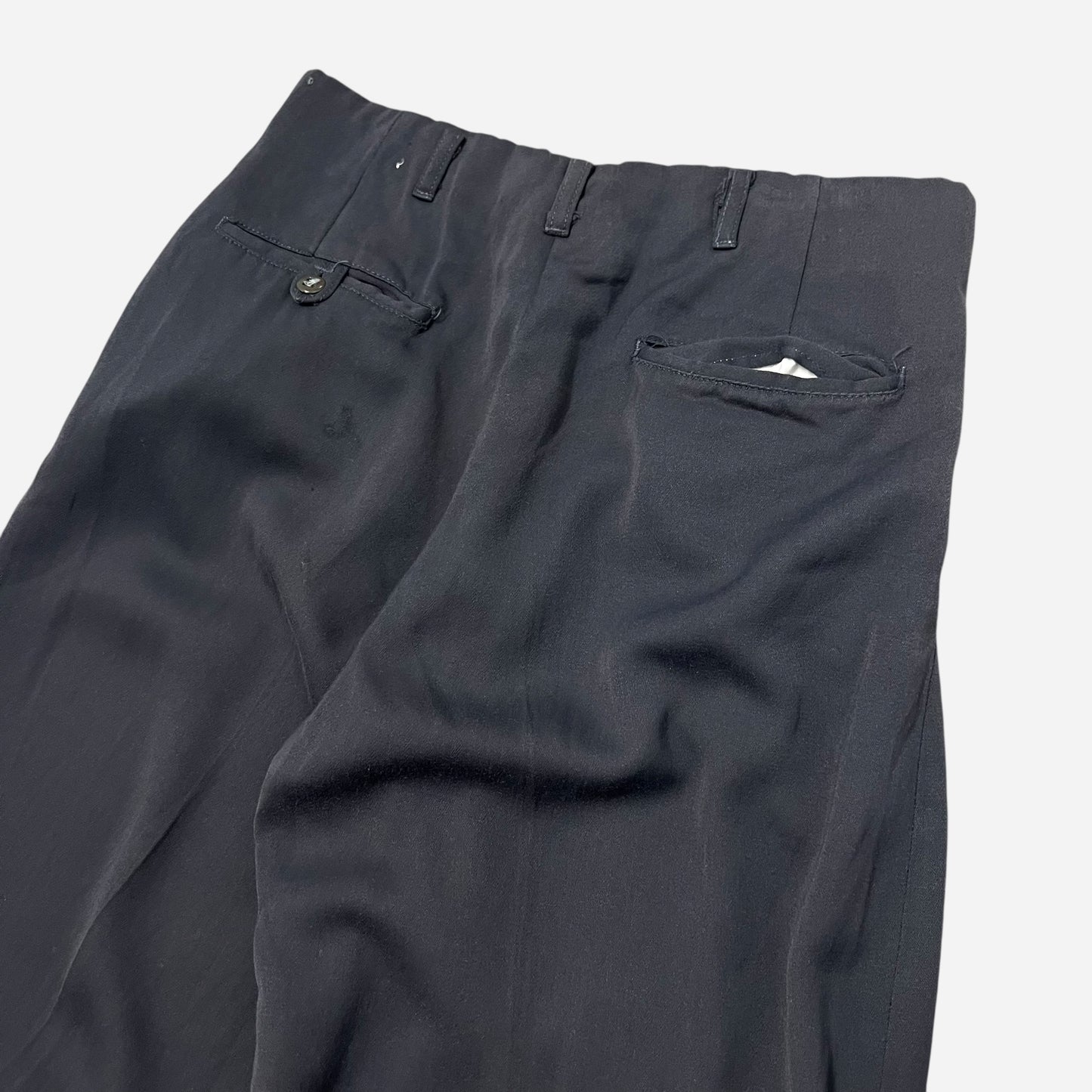 1950s Navy blue rayon pleated drop loop pants (28w)