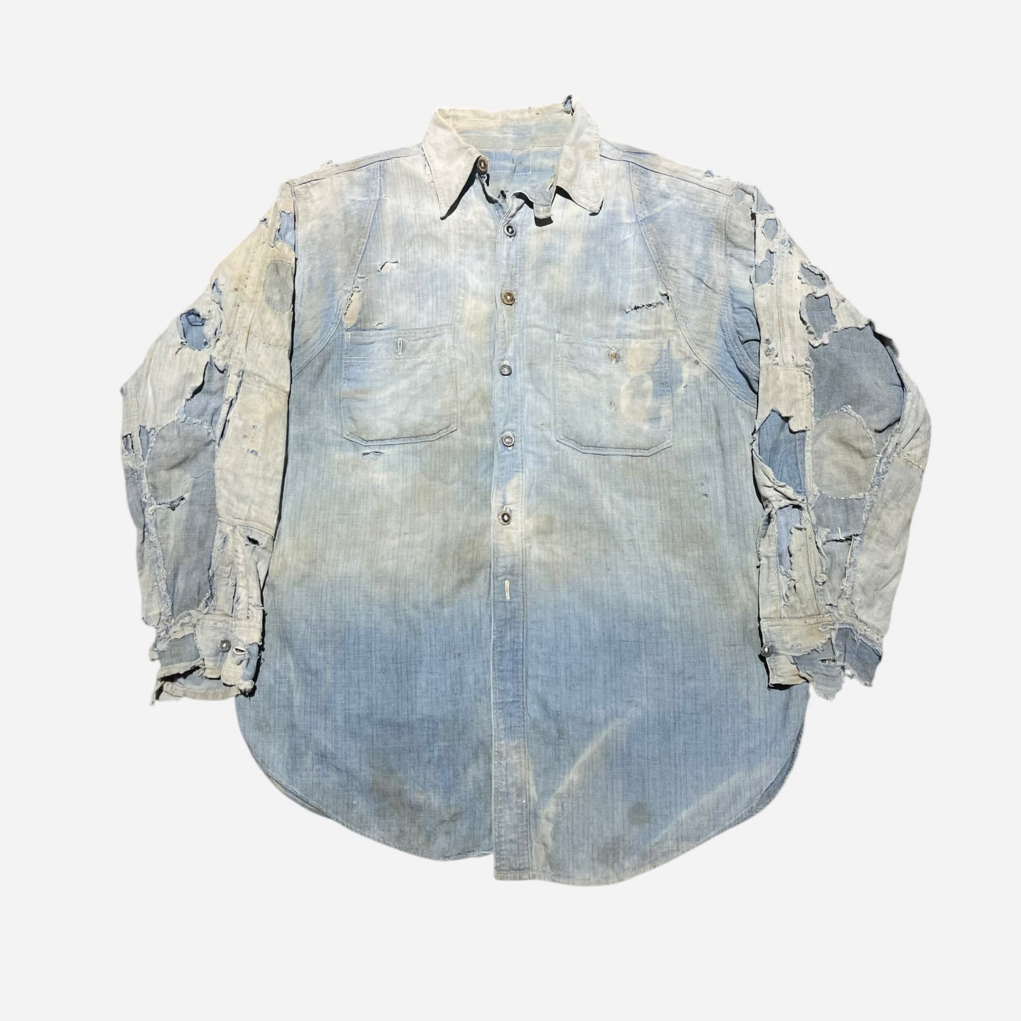1920s Heavily repaired chinstrap chambray shirt (M/L)