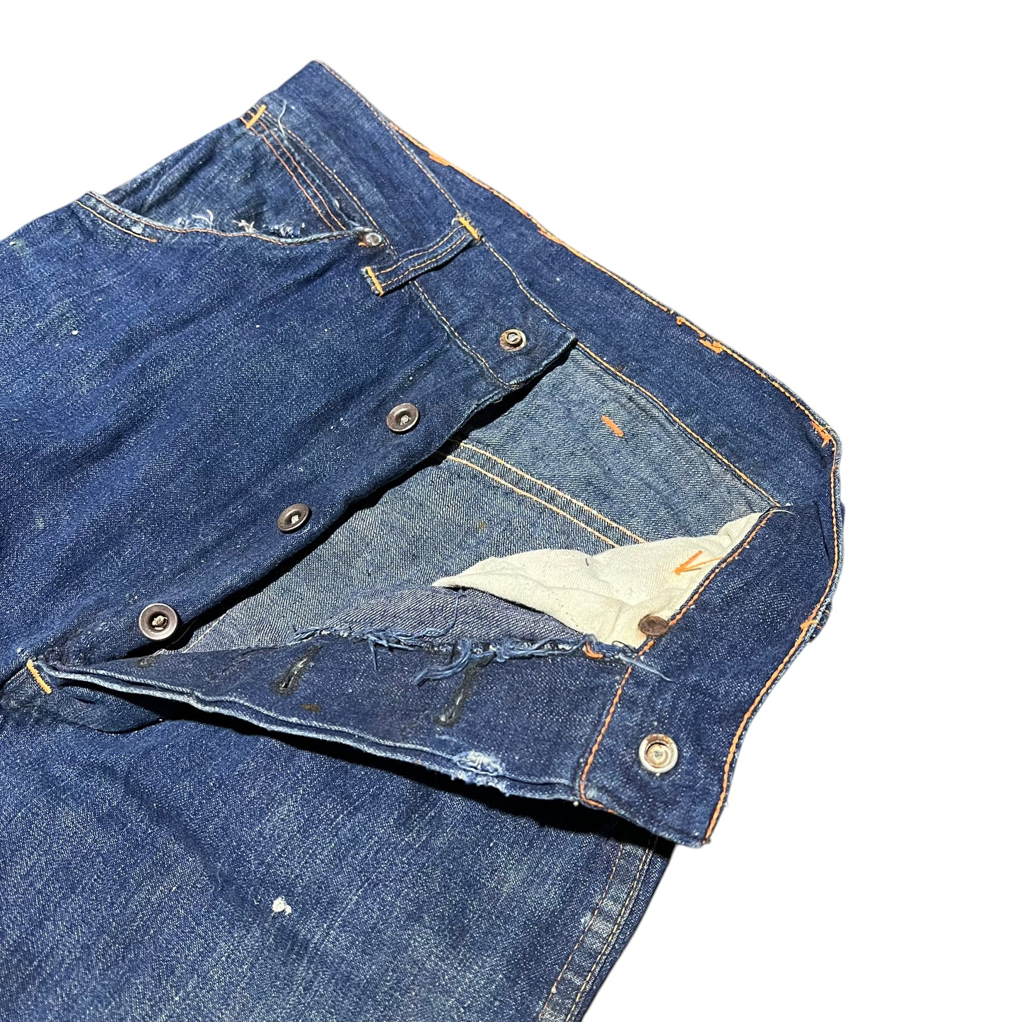 1940s 1950s Happy Jack donut button fly dark wash distressed denim jeans (26w)