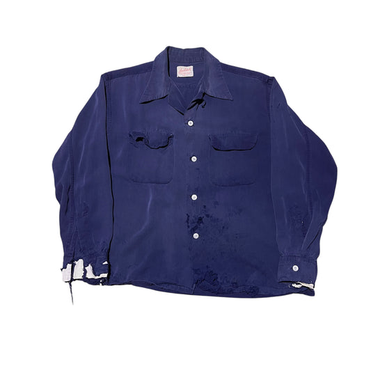 1950s Distressed blue rayon loop collar shirt (M)