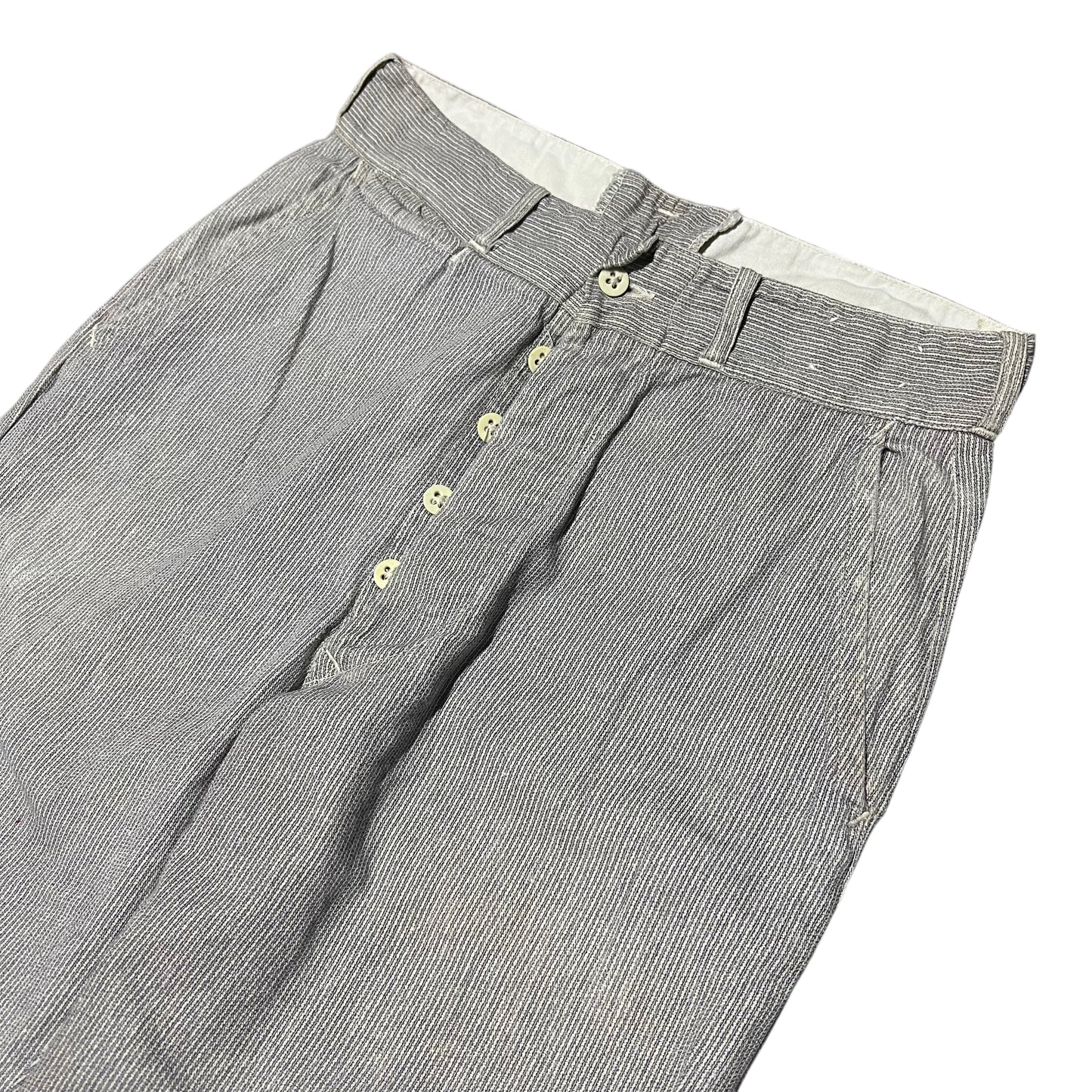 1930s Light cotton striped salt & pepper button fly work pants (28w)