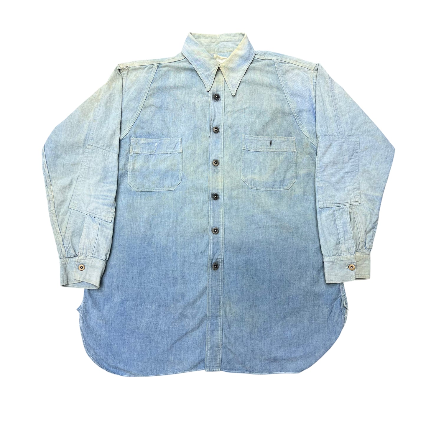 1920s Unknown brand sun faded chinstrap chambray work shirt (L)