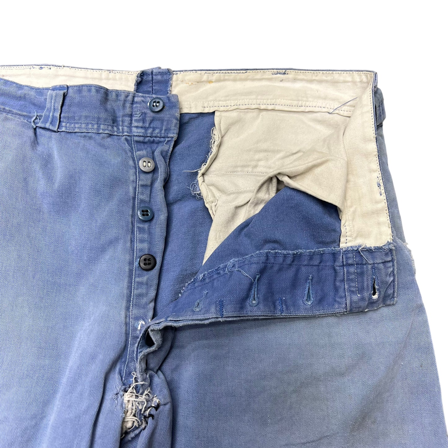 1950s Blue repaired work pants button fly (33w)