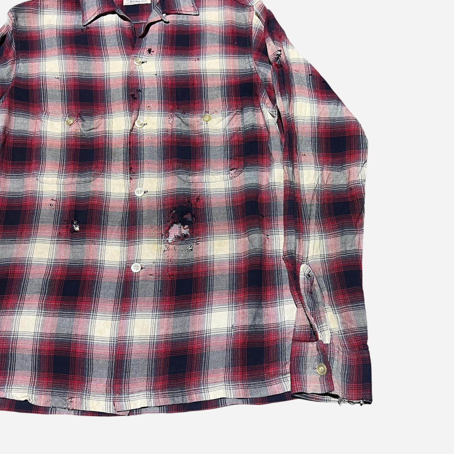 1960s Pilgrim shadow plaid red rayon loop collar shirt (M)