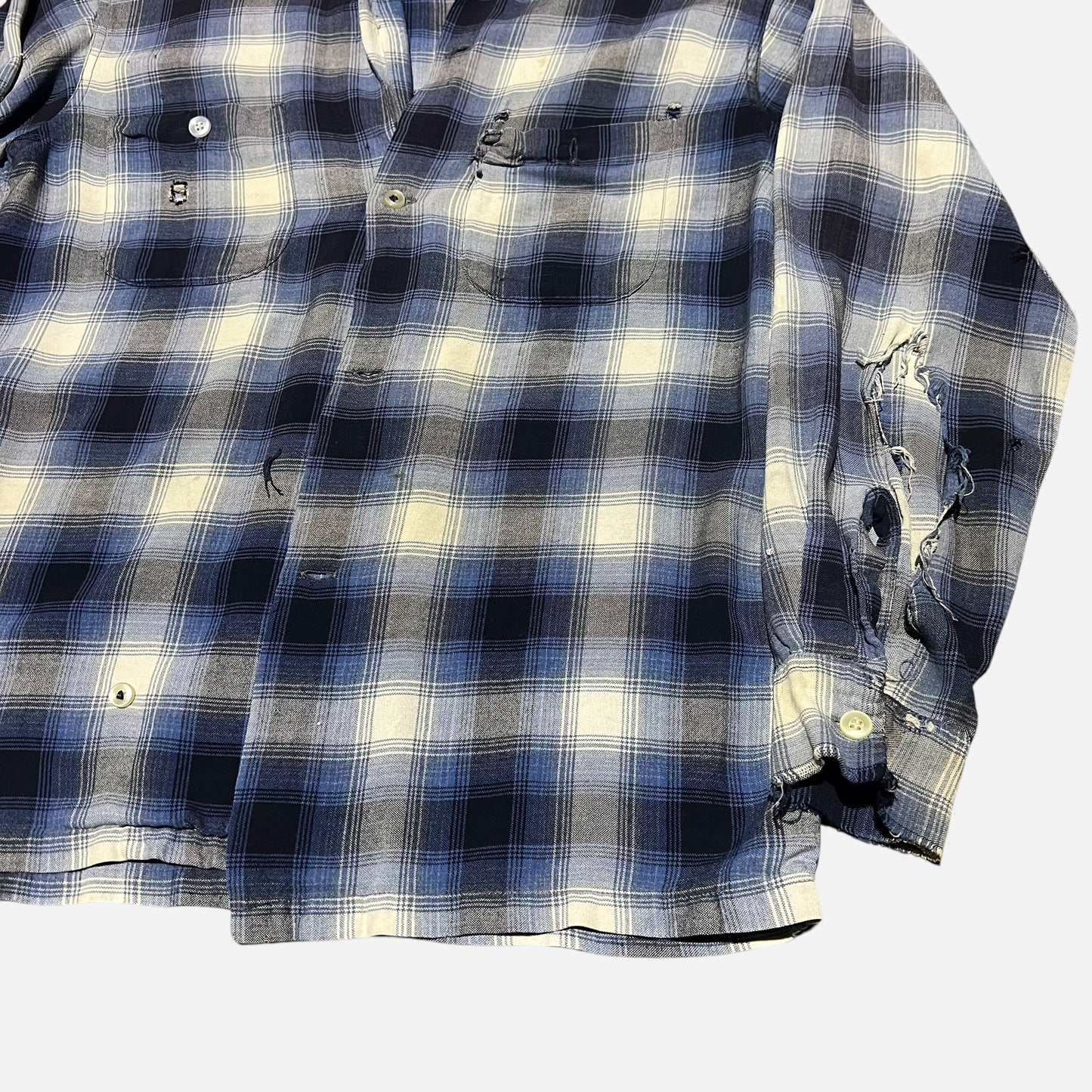 1960s Pilgrim blue shadow plaid rayon loop collar shirt (M)