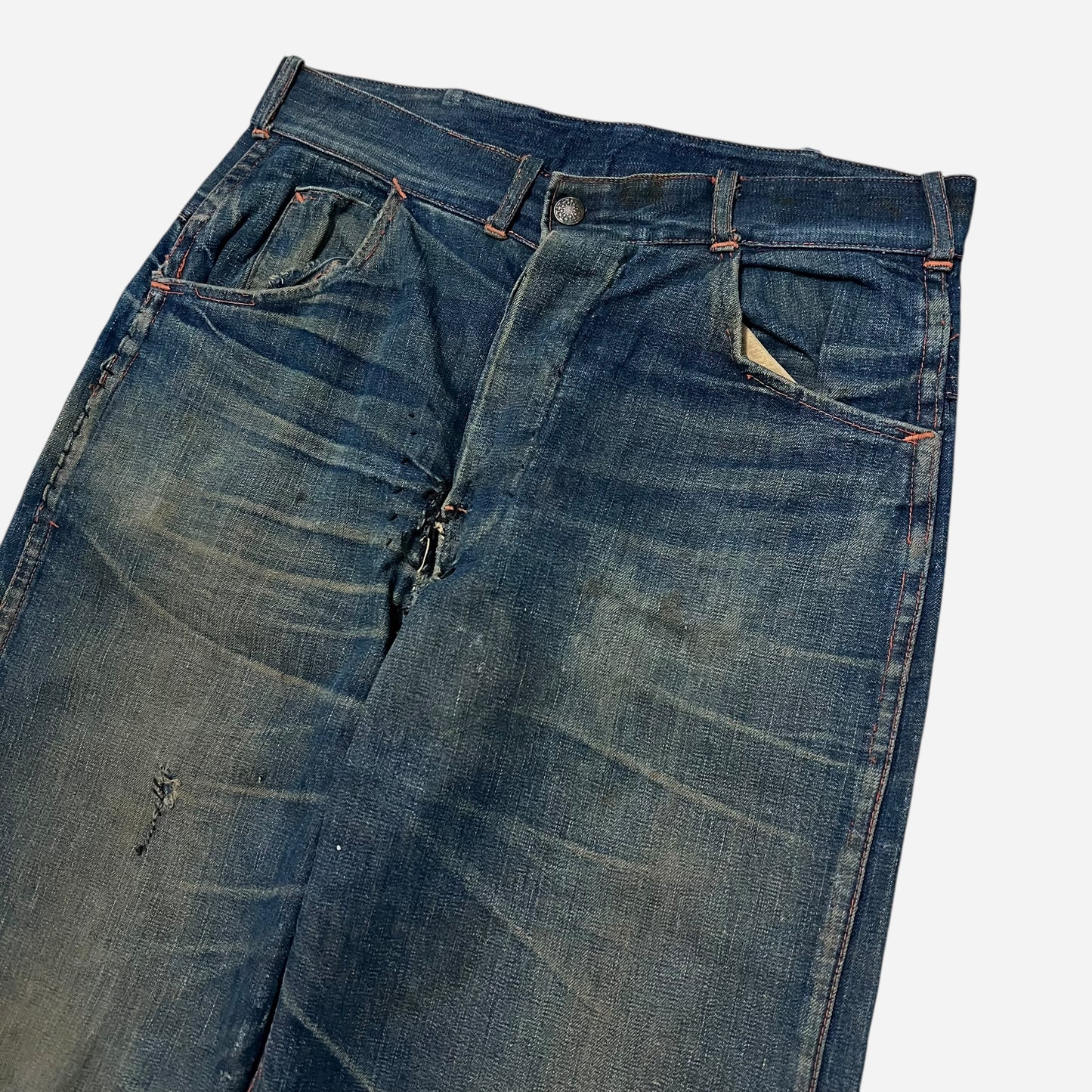 1940s Dark wash ghost buckle back donut button fly jeans (29w)