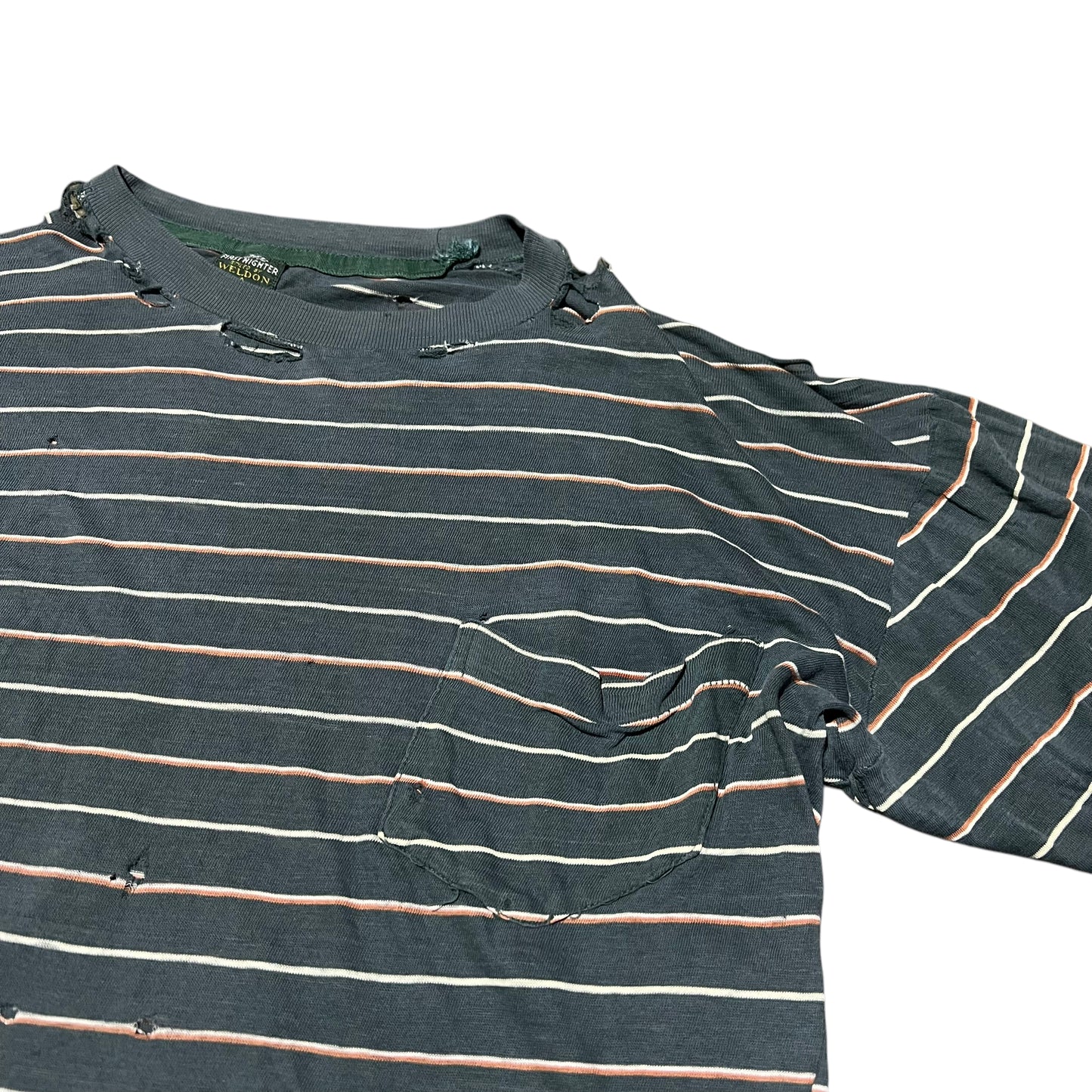 1940s Distressed green cotton striped pocket t shirt (M)