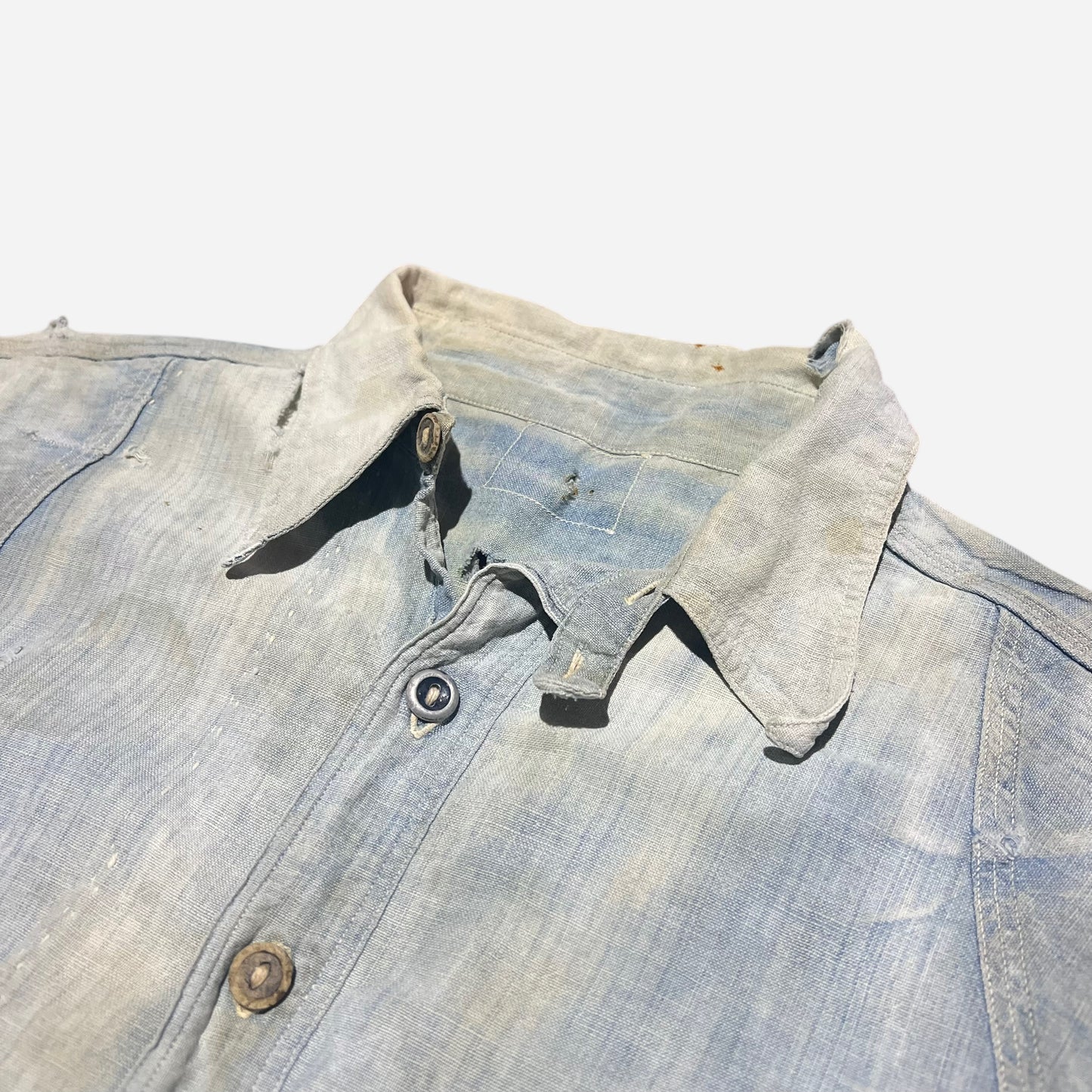 1920s Heavily repaired chinstrap chambray shirt (M/L)