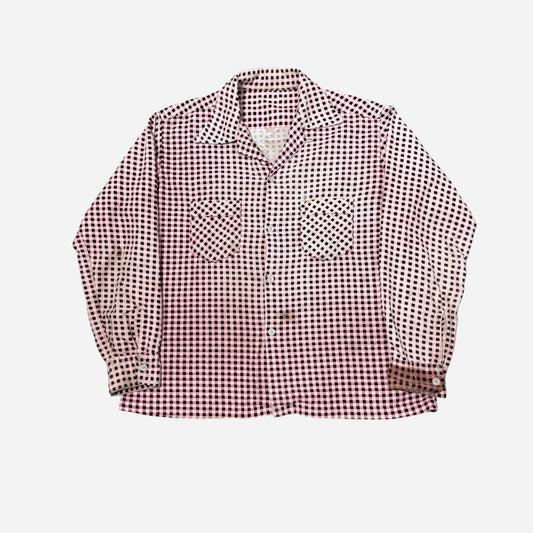 1950s Pilgrim pink & black pattern cotton flannel loop collar shirt (L)