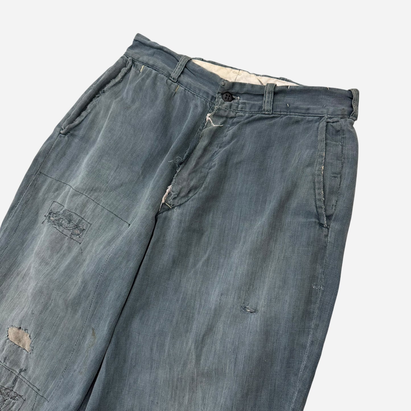 1950s Lee button fly cotton HBT green/blue repaired work pants (28w)