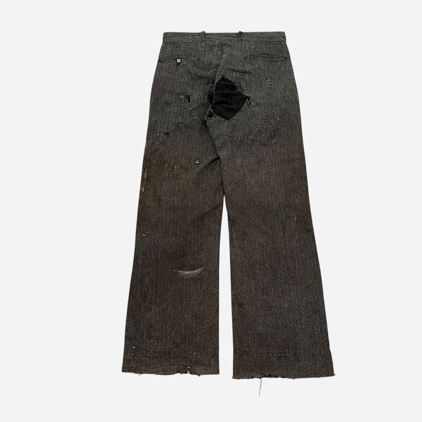 1930s Salt & pepper cotton hbt heavily repaired button fly work pants (30w)