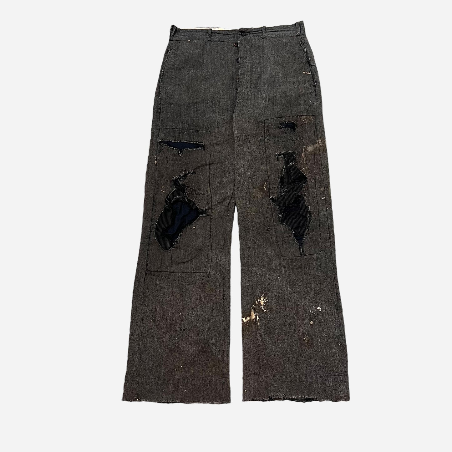1930s Salt & pepper cotton hbt heavily repaired button fly work pants (30w)