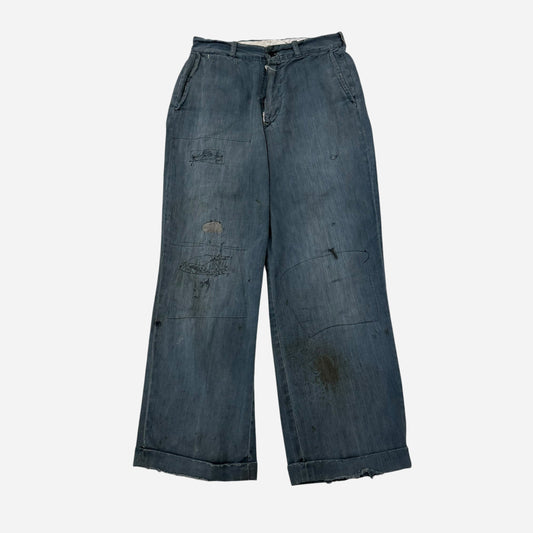 1950s Lee button fly cotton HBT green/blue repaired work pants (28w)