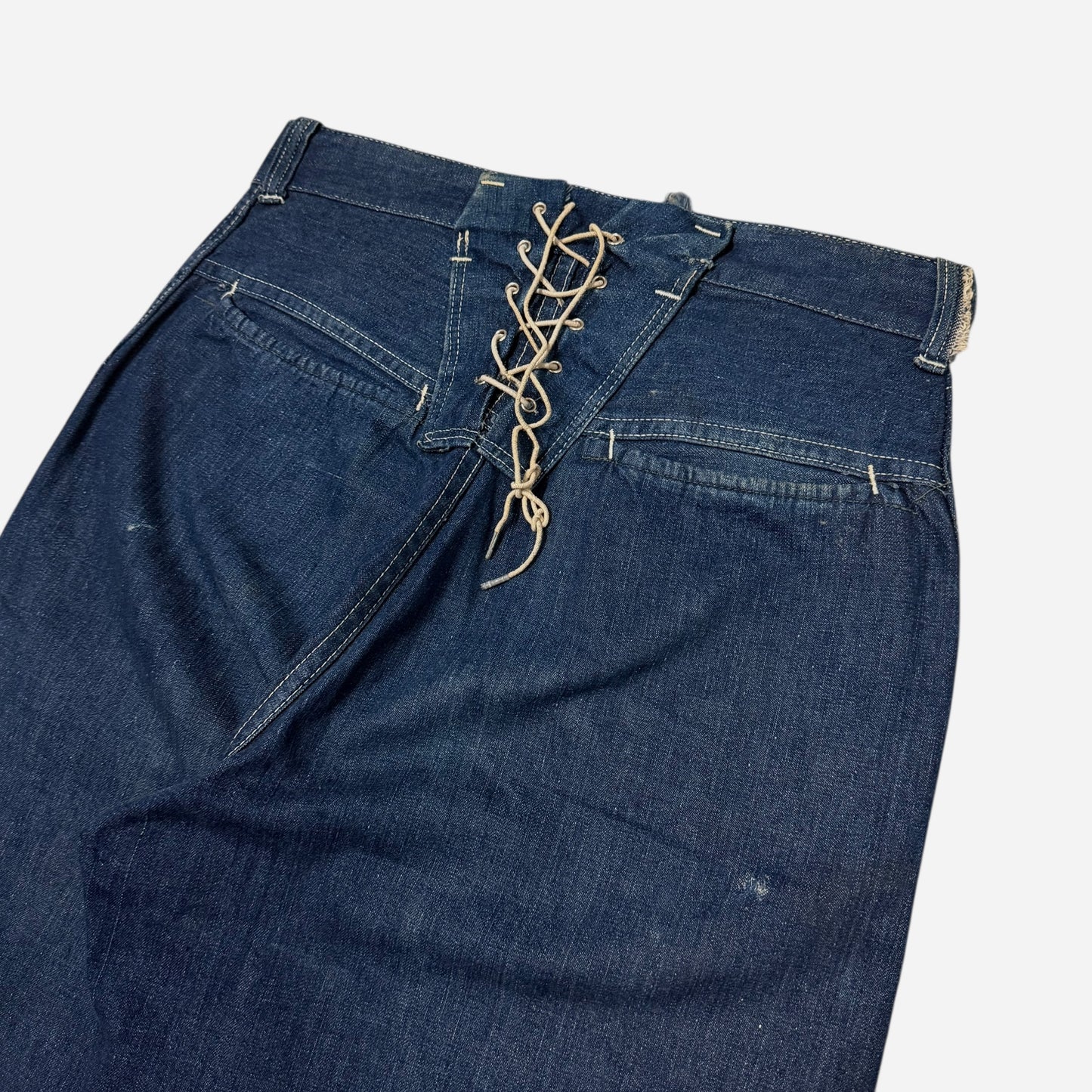 1940s Anvil lace back dark wash denim donut button fly jeans (29w)