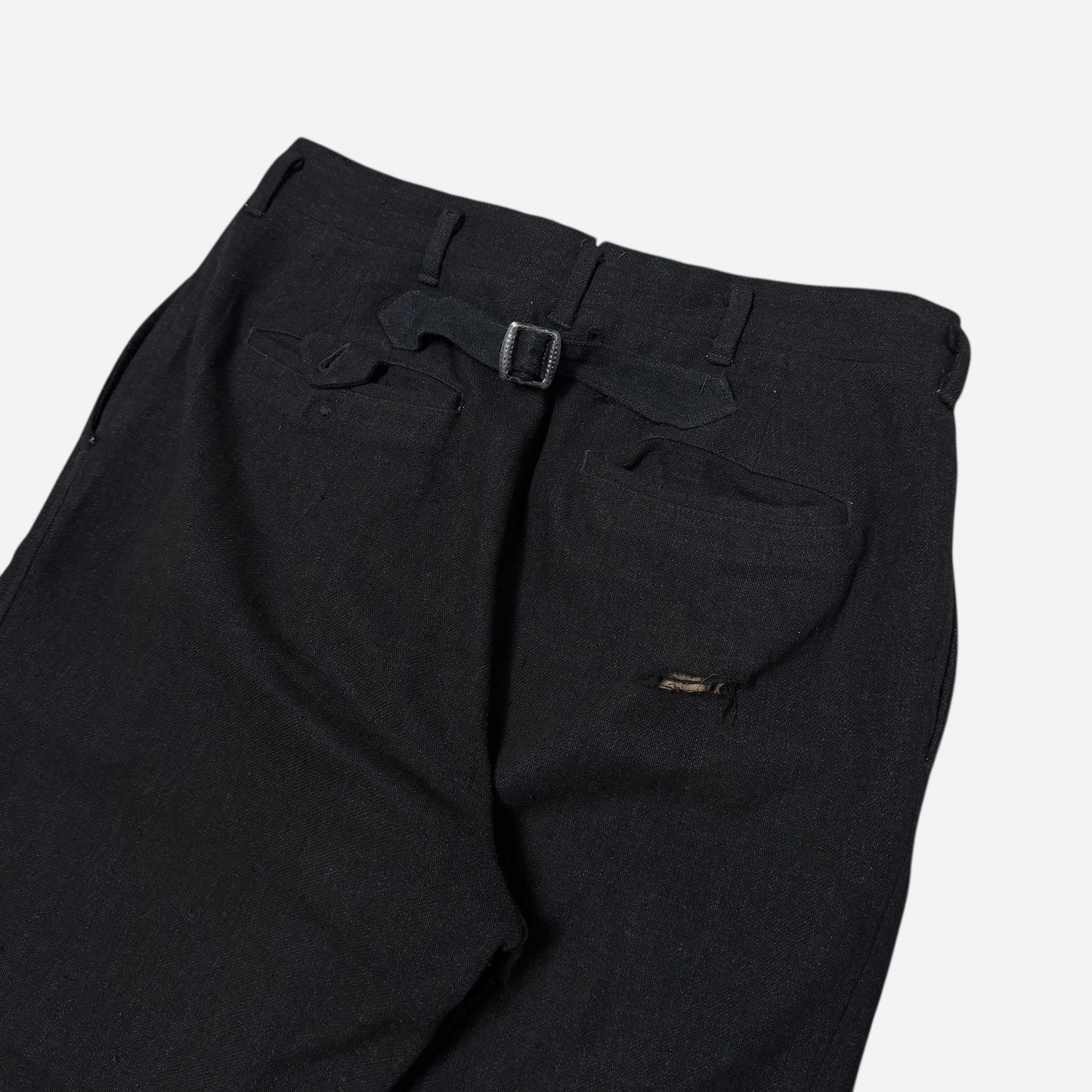 1950s Black wool/cotton blend buckle back drop loop trousers (29w)