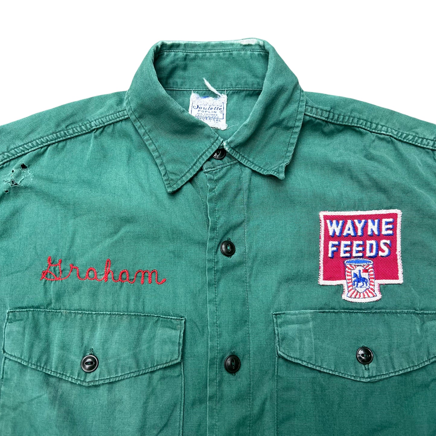 1940s Wayne Feeds green work shirt chain stitch (S)