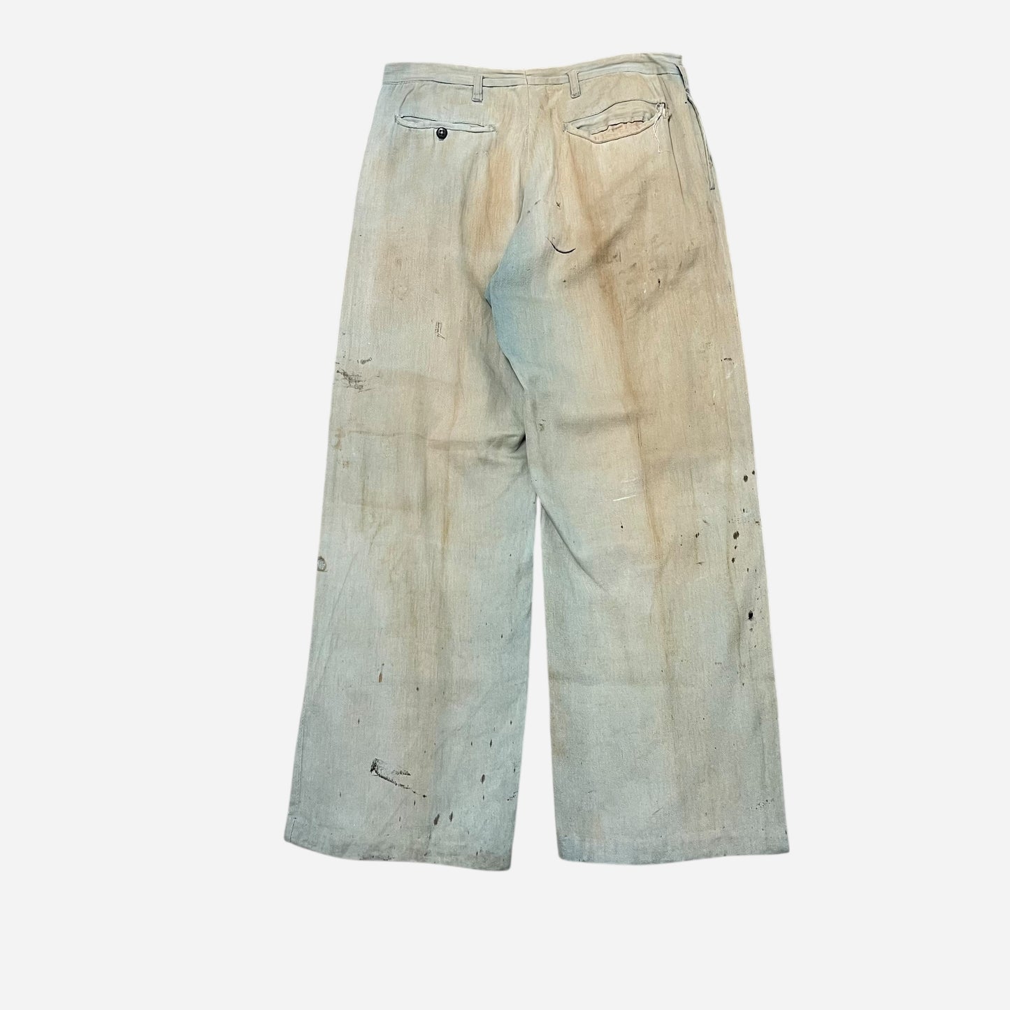 1940s Light cotton paint splatter blue button fly pants (30w)