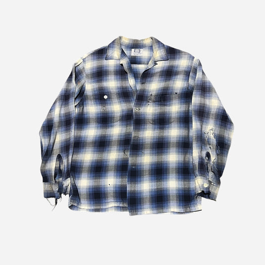 1960s Pilgrim blue shadow plaid rayon loop collar shirt (M)